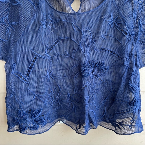 Anthropologie Vanessa Virginia Navy Sheer Lace Crop Top - Size L Boho - Picture 3 of 7